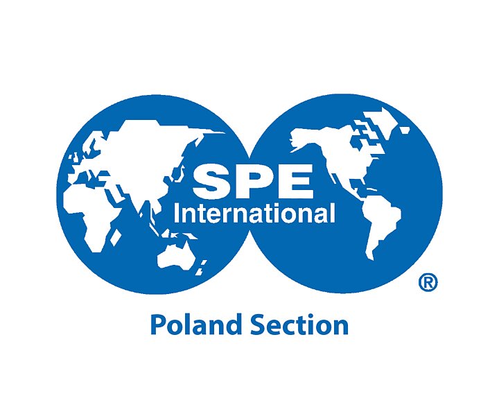 Logotyp SPE, niebieska mapa świata na białym tle z napise Poland Section