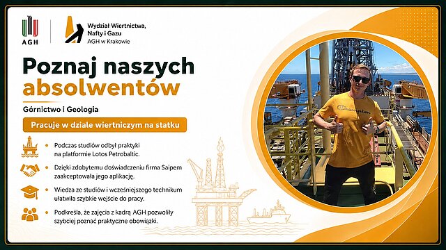 Grzegorz Budek — Grafika promocyjna serii "Poznaj naszych absolwentów Wydziału Wiertnictwa, Nafty i Gazu AGH w Krakowie." Absolwent WWNiG AGH na pokładzie statku/jednostki wiertniczej; mężczyzna w pomarańczowym kombinezonie i białym kasku, w tle wieża wiertnicza i morze.