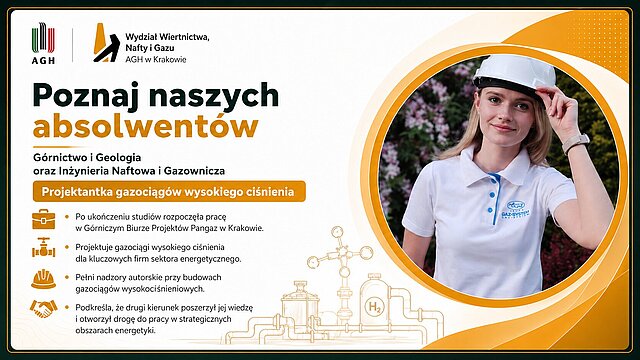 Magdalena Maciołek-Ciosek — Grafika promocyjna serii "Poznaj naszych absolwentów Wydziału Wiertnictwa, Nafty i Gazu AGH w Krakowie." Absolwentka WWNiG AGH na tle zielonej roślinności; kobieta w białej koszulce polo i białym kapelusiku-czapce absolwenckiej, w geście salutowania do daszka.