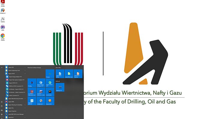 Tapeta komputera wirtualnego, widok logotypów AGH i WWNiG oraz menu Windows