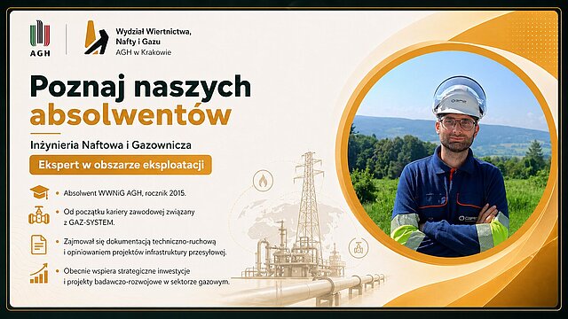 Rafał Kowalski — Grafika promocyjna serii "Poznaj naszych absolwentów Wydziału Wiertnictwa, Nafty i Gazu AGH w Krakowie." Absolwent WWNiG AGH na tle górskiego krajobrazu z lasem; mężczyzna w białym kasku ochronnym, okularach i granatowym ubraniu roboczym.