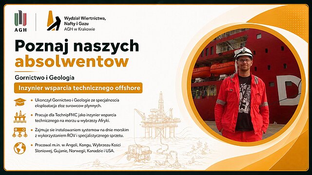 Marcin Gawin — Grafika promocyjna serii "Poznaj naszych absolwentów Wydziału Wiertnictwa, Nafty i Gazu AGH w Krakowie." Absolwent WWNiG AGH na tle czerwonego statku/jednostki offshore firmy DOF; mężczyzna w pomarańczowym kombinezonie roboczym i białym kasku stoi na nabrzeżu portowym.