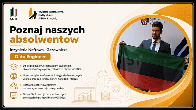 Wojciech Panek — Grafika promocyjna serii "Poznaj naszych absolwentów Wydziału Wiertnictwa, Nafty i Gazu AGH w Krakowie." Absolwent WWNiG AGH na tle ścianki konferencyjnej z logotypami firm branżowych; mężczyzna trzyma rozwiniętą flagę w kolorach czarno-czerwono-zielonych podczas wydarzenia.