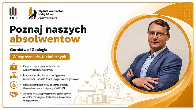 Paweł Filanowski — Grafika promocyjna serii "Poznaj naszych absolwentów Wydziału Wiertnictwa, Nafty i Gazu AGH w Krakowie." Absolwent WWNiG AGH, ujęcie portretowe biurowe; mężczyzna w okularach, niebieskiej marynarce i białej koszuli na jasnym, rozmytym tle wnętrza.