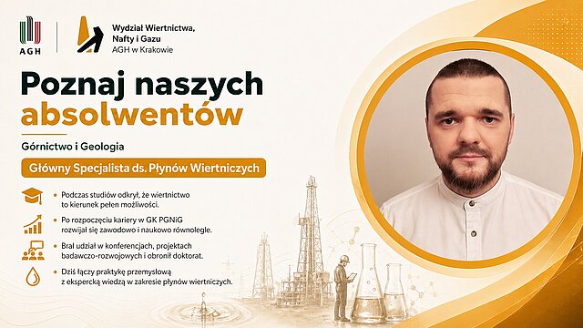 Maciej Stec — Grafika promocyjna serii "Poznaj naszych absolwentów Wydziału Wiertnictwa, Nafty i Gazu AGH w Krakowie." Absolwent WWNiG AGH, portret w jasnym wnętrzu; mężczyzna w białej koszuli z brodą na neutralnym, beżowym tle.