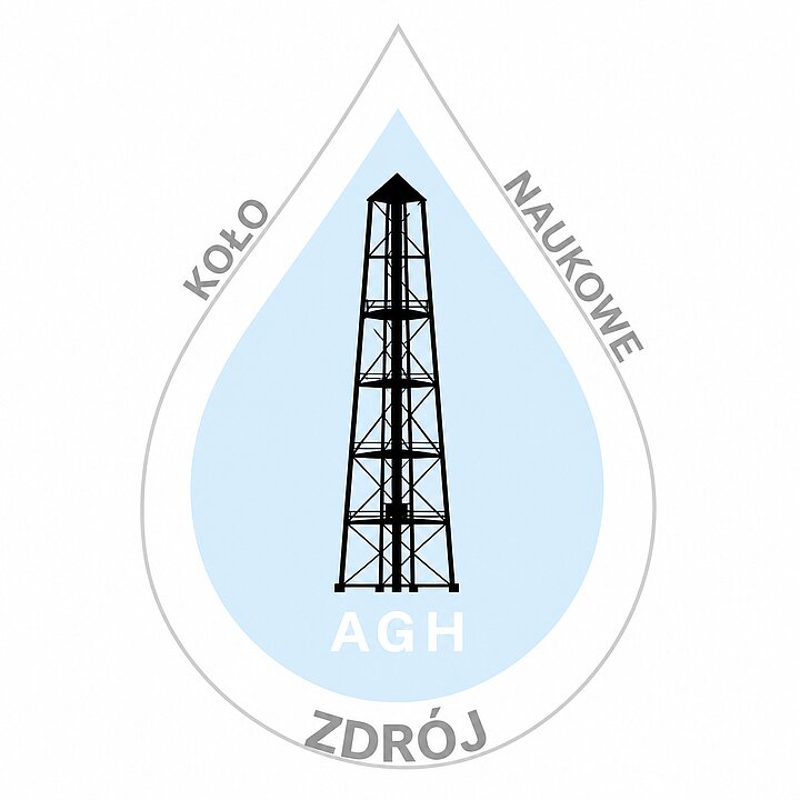 Logotyp Koła Naukowego Zdrój, kształt kropli wody z niebieska poświatą