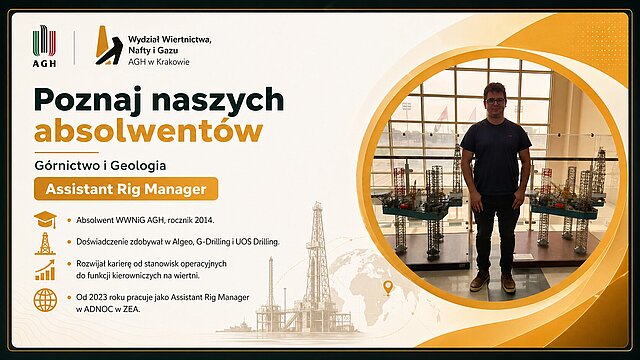 Grafika promocyjna serii "Poznaj naszych absolwentów" Wydziału Wiertnictwa, Nafty i Gazu AGH w Krakowie. W kolistym kadrze po prawej stronie absolwent Rafał Giefert w okularach, granatowej koszulce i ciemnych spodniach stoi pomiędzy dwoma modelami platform wiertniczych typu jack-up w przeszklonej sali wystawowej. Po lewej tekst: kierunek Górnictwo i Geologia, stanowisko Assistant Rig Manager. Punkty informacyjne: absolwent WWNiG AGH rocznik 2014, doświadczenie zdobywał w firmach Algeo, G-Drilling i UOS Drilling, rozwijał karierę od stanowisk operacyjnych do funkcji kierowniczych na wiertni, od 2023 roku pracuje jako Assistant Rig Manager w ADNOC w Zjednoczonych Emiratach Arabskich.