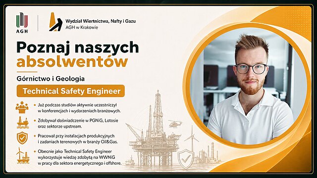 Mateusz Sarad — Grafika promocyjna serii "Poznaj naszych absolwentów Wydziału Wiertnictwa, Nafty i Gazu AGH w Krakowie." Absolwent WWNiG AGH, ujęcie w biurze; mężczyzna w okularach i jasnej koszuli z brodą, w tle rozmyte wnętrze open space.
