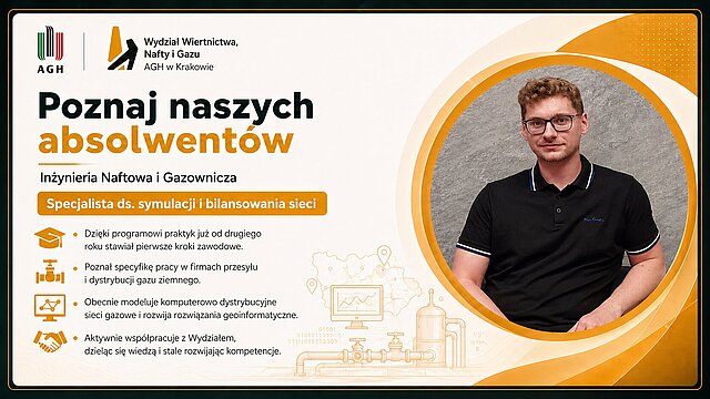 Michał Matug — Grafika promocyjna serii "Poznaj naszych absolwentów Wydziału Wiertnictwa, Nafty i Gazu AGH w Krakowie." Absolwent WWNiG AGH na tle szarej, betonowej ściany; mężczyzna w czarnej koszulce polo z białymi lampasami i okularach.
