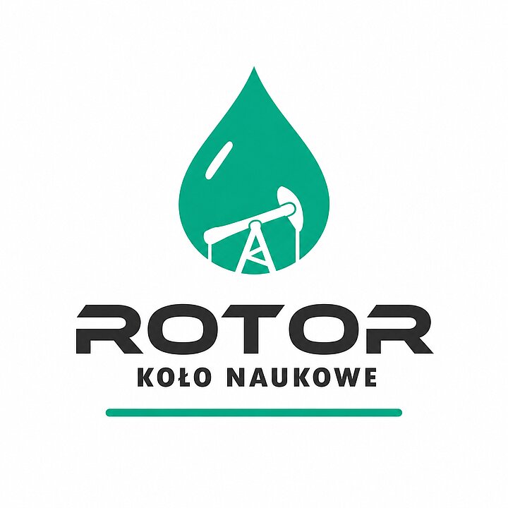 Logotyp koła naukowego Rotor, zielona kropla imitująca ropę naftową na białym tle, czarny napis rotor