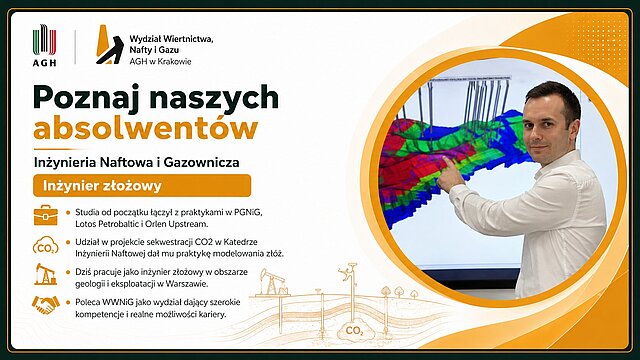 Jacek Dudek — Grafika promocyjna serii "Poznaj naszych absolwentów Wydziału Wiertnictwa, Nafty i Gazu AGH w Krakowie." Absolwent WWNiG AGH w biurze przy ekranie prezentującym wizualizację geologiczną (model złoża 3D w kolorach tęczy); mężczyzna w jasnej koszuli wskazuje na monitor.