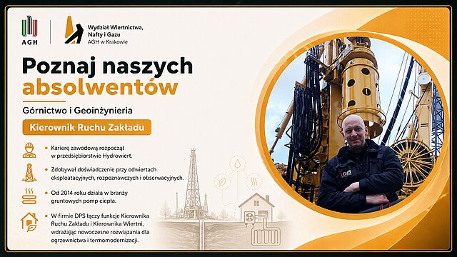 Grzegorz Karczewski — Grafika promocyjna serii "Poznaj naszych absolwentów Wydziału Wiertnictwa, Nafty i Gazu AGH w Krakowie." Absolwent WWNiG AGH na tle wieży wiertniczej i konstrukcji metalowych instalacji; mężczyzna w ciemnej kurtce z założonymi rękami.