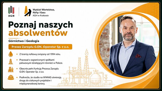 Paweł Chałupka — Grafika promocyjna serii "Poznaj naszych absolwentów Wydziału Wiertnictwa, Nafty i Gazu AGH w Krakowie." Absolwent WWNiG AGH, ujęcie portretowe w pomieszczeniu z ceglaną ścianą; mężczyzna w granatowej marynarce i jasnej koszuli z czerwoną poszetką.