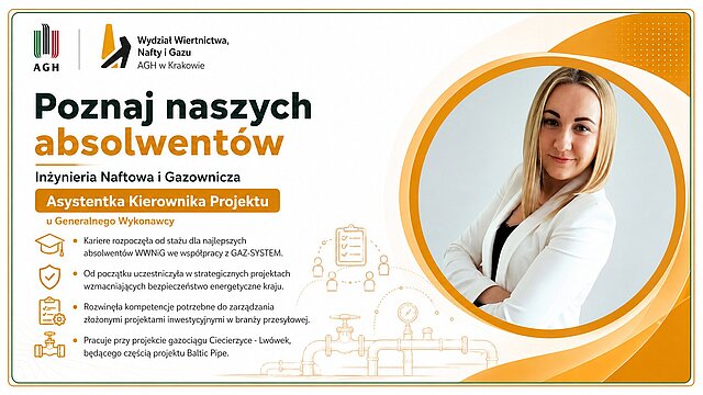 Monika Piworska — Grafika promocyjna serii "Poznaj naszych absolwentów Wydziału Wiertnictwa, Nafty i Gazu AGH w Krakowie." Absolwentka WWNiG AGH, ujęcie portretowe; kobieta o długich blond włosach w białej marynarce na jasnym tle.