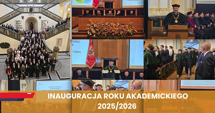 Kolaż zdjęć z inauguracji roku akademickiego 2025/2026. Przedstawia uroczyste sceny z auli oraz reprezentacyjnej klatki schodowej uczelni: dużą grupę studentów i pracowników akademickich pozujących do wspólnego zdjęcia, władze uczelni w togach zasiadające za stołem prezydialnym, przemówienie rektora lub przedstawiciela władz przy mównicy, poczet sztandarowy, dekoracje kwiatowe oraz uczestników ceremonii stojących i przechodzących między rzędami. Na dole grafiki znajduje się półprzezroczysty pomarańczowy pasek z napisem: „Inauguracja roku akademickiego 2025/2026”.