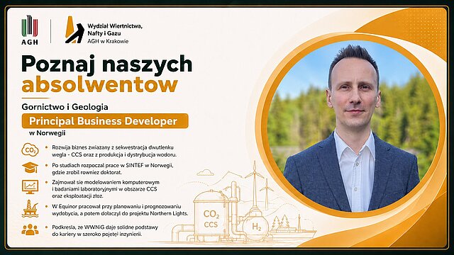 Szczepan Polak — Grafika promocyjna serii "Poznaj naszych absolwentów Wydziału Wiertnictwa, Nafty i Gazu AGH w Krakowie." Absolwent WWNiG AGH na tle leśnego, wiosennego krajobrazu; mężczyzna w marynarce i jasnej koszuli, ujęcie portretowe w plenerze.