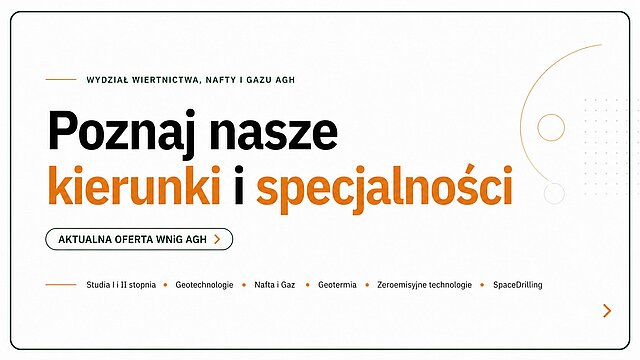 Grafika promująca ofertę studiów Wydziału Wiertnictwa, Nafty i Gazu AGH. Zawiera hasło „Poznaj nasze kierunki i specjalności” oraz wskazuje obszary kształcenia związane z geotechnologiami, inżynierią naftową i gazowniczą, geotermią, technologiami zeroemisyjnymi i SpaceDrilling.
