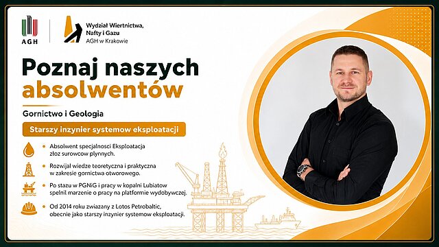 Michał Wojnar — Grafika promocyjna serii "Poznaj naszych absolwentów Wydziału Wiertnictwa, Nafty i Gazu AGH w Krakowie." Absolwent WWNiG AGH, portret studyjny; mężczyzna w czarnej koszuli na jasnoszarym tle biurowym.