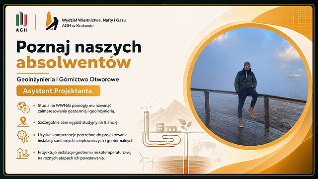 Patryk Leśniak — Grafika promocyjna serii "Poznaj naszych absolwentów Wydziału Wiertnictwa, Nafty i Gazu AGH w Krakowie." Absolwent WWNiG AGH na tle mglistego, górskiego/morskiego krajobrazu; mężczyzna w czapce i ciemnej kurtce siedzi na drewnianej balustradzie tarasu widokowego.