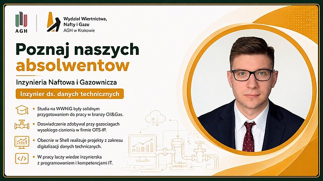 Michał Fedor — Grafika promocyjna serii "Poznaj naszych absolwentów Wydziału Wiertnictwa, Nafty i Gazu AGH w Krakowie." Absolwent WWNiG AGH, portret formalny; mężczyzna w okularach, ciemnym garniturze i krawacie w kropki na pomarańczowym tle.