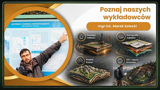 Mgr inz. Marek Solecki jest geologiem naftowym. Zajmuje sie petrologia skal osadowych, kartografia wglebna, modelowaniami geologicznymi i geologia Karpat. Prowadzi zajecia terenowe i opiekuje sie praktykami zawodowymi