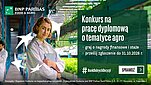 Grafika promocyjna Banku BNP Paribas związana z konkyrsem na pracę dyplomową o charakterze agro. Plakat przedstawia kobiete w fartuch lekarskim trzymającą dokumenty, zdjęcie do pasa, prawy profil. Obok, po praewej stronie tekst dużą czcionką biała czcionka na zielonym tle :konkurs na pracę dyplomową o tematyce aggro