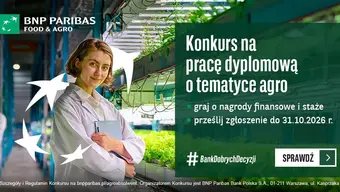 Grafika promocyjna Banku BNP Paribas związana z konkyrsem na pracę dyplomową o charakterze agro. Plakat przedstawia kobiete w fartuch lekarskim trzymającą dokumenty, zdjęcie do pasa, prawy profil. Obok, po praewej stronie tekst dużą czcionką biała czcionka na zielonym tle :konkurs na pracę dyplomową o tematyce aggro
